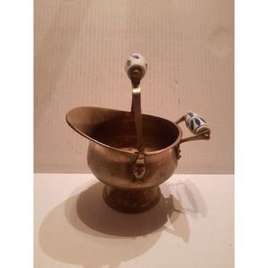 Vintage Mini Small Brass Copper Coal Scuttle Ash Bucket Delft Porcelain Handles